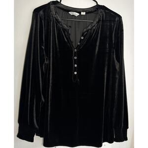 Caffé Marrakesh Black Velvet Henley Blouse Long Sleeve Flowy Whimsigoth Boho L